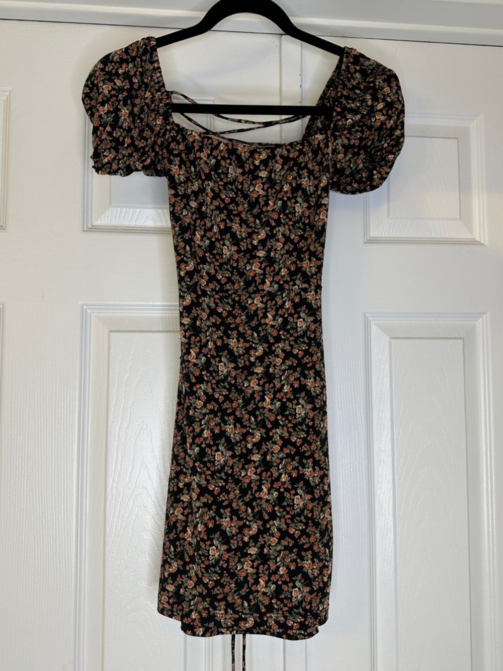 Floral Square Neck Dress XS Lace Up Back Puff Sleeve Cottagecore